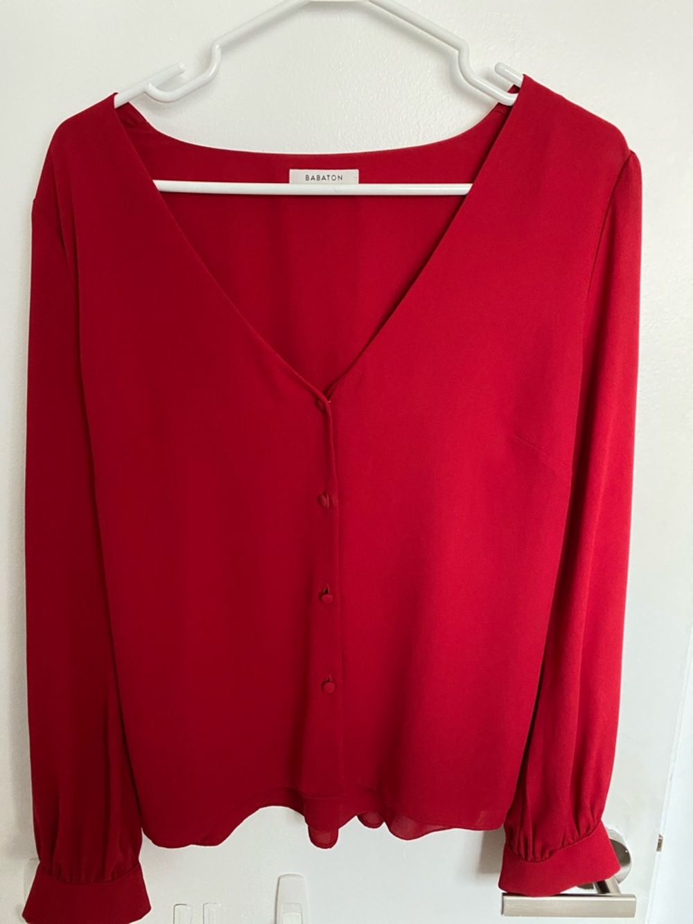 Babaton Bright Red V-Neck Button Blouse